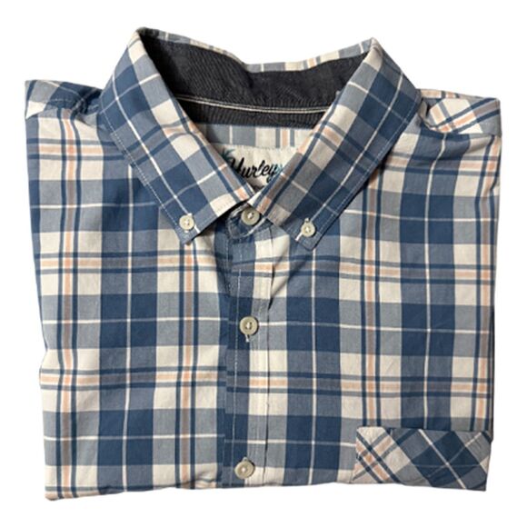 Hurley Blue & White Plaid Short Sleeve Button Down Shirt Size XXL - Picture 7 of 11